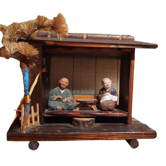 Vintage Antique Japanese Folk Wooden Diorama With Figurines Miniature Japanese L